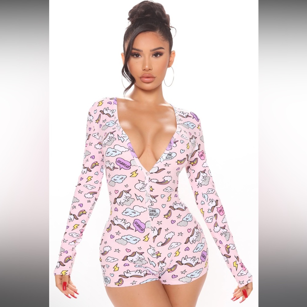 Fashion Nova Miss Unicorn PJ Long Sleeve Romper Onesie